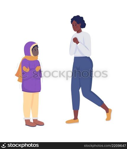 Nervous mother with cold child semi flat color vector character. Two figures. Full body people on white. Winter isolated modern cartoon style illustration for graphic design and animation. Nervous mother with cold child semi flat color vector character