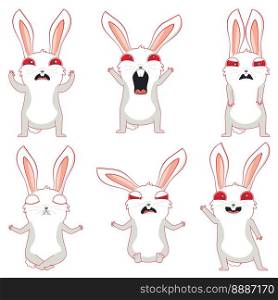 Nervous white rabbit in different poses and expressions set.