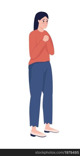 Nervous woman clasped hands together semi flat color vector character. Full body person on white. Feeling nervousness isolated modern cartoon style illustration for graphic design and animation. Nervous woman clasped hands together semi flat color vector character