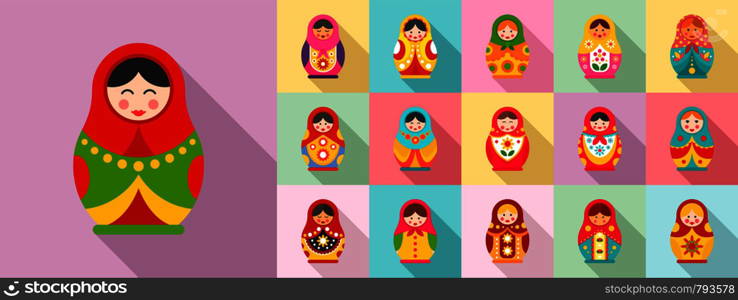 Nesting doll icon set. Flat set of nesting doll vector icons for web design. Nesting doll icon set, flat style