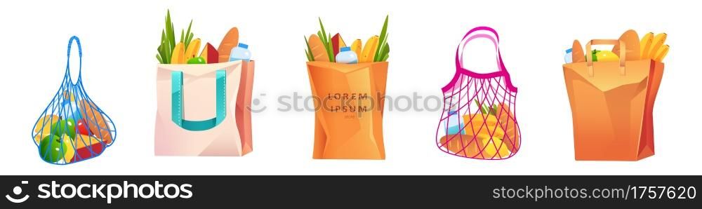 Net, cotton and paper shopping bags with grocery goods isolated on white background. Vector cartoon set of reusable eco package, mesh bags with fresh food, fruits, cheese, milk bottle and bread. Net, cotton and paper shopping bags with grocery