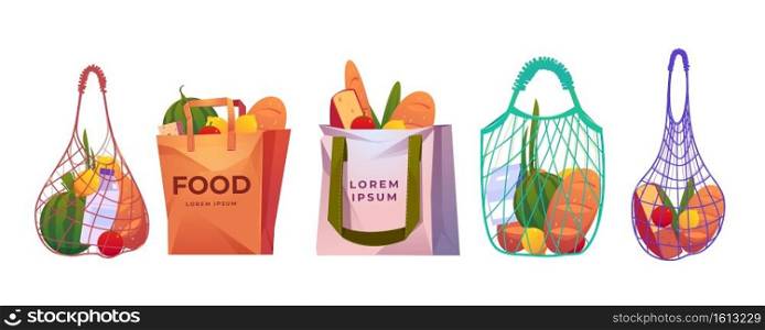 Net, paper and cotton shopping bags with grocery isolated on white background. Vector cartoon set of reusable eco package, mesh bags with fresh food, fruits, vegetables, milk and bread. Net, paper and cotton shopping bags with grocery