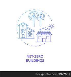 Net-zero buildings concept icon. CPS usage idea thin line illustration. Removing human-produced carbon dioxide. Reducing emissions. Zero-energy building. Vector isolated outline RGB color drawing. Net-zero buildings concept icon