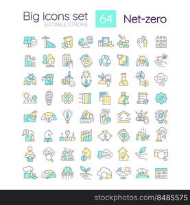 Net zero strategies RGB color icons set. Carbon footprints. Environment protection. Isolated vector illustrations. Simple filled line drawings collection. Editable stroke. Quicksand-Light font used. Net zero strategies RGB color icons set