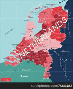 Netherlands country detailed editable map with regions cities and towns, roads and railways, geographic sites. Vector EPS-10 file. Netherlands country detailed editable map