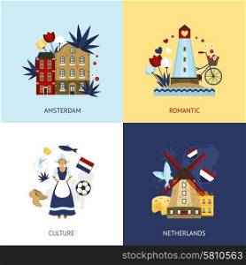 Netherlands design concept set with romantic amsterdam culture flat icons isolated vector illustration. Netherlands Design Concept