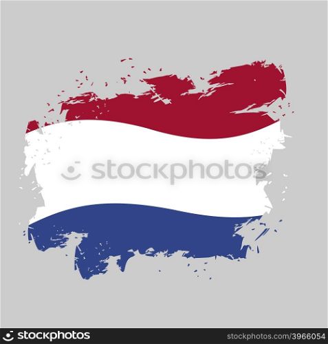 Netherlands Flag grunge style on gray background. Brush strokes and ink splatter. National symbol of Kingdom of Netherlands&#xA;