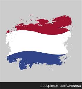 Netherlands Flag grunge style on gray background. Brush strokes and ink splatter. National symbol of Kingdom of Netherlands&#xA;