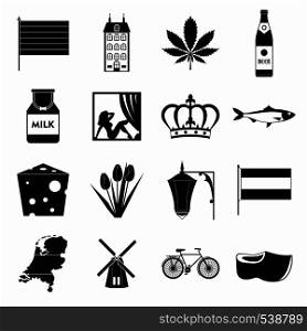 Netherlands icons set in black simple style for any design. Netherlands icons set, black simple style