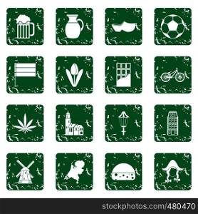 Netherlands icons set in grunge style green isolated vector illustration. Netherlands icons set grunge