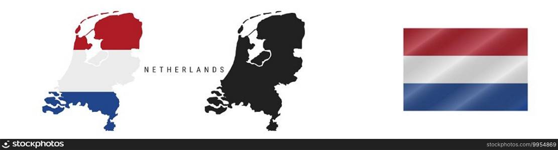 Netherlands. Map with masked flag. Detailed silhouette. Waving flag. Vector illustration isolated on white.. Netherlands. Detailed flag map. Detailed silhouette. Waving flag. Vector illustration