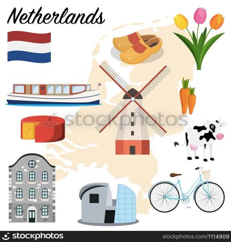Netherlands set. Canal boat, cheese, windmill, clogs, tulips, bicycle and museum. cartoon vector illustration