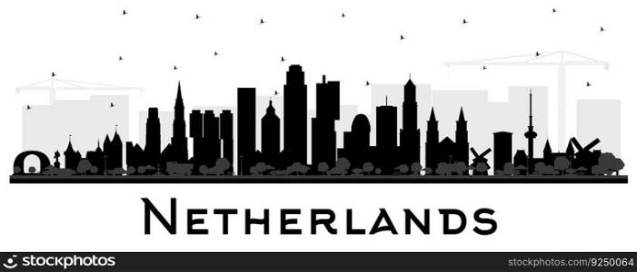 Netherlands Skyline Silhouette with Black Buildings Isolated on White. Vector Illustration. Tourism Concept with Historic Architecture. Cityscape with Landmarks. Amsterdam. Rotterdam. The Hague. Utrecht.