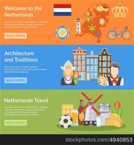 Netherlands Travel Flat Banners. Horizontal colorful netherlands travel flat banners with map dutch national symbols costumes cuisine and architecture isolated vector illustration