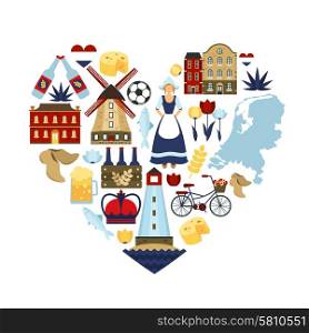 Netherlands travel symbols and dutch landmarks in heart shape flat vector illustration. Netherlands Heart Concept