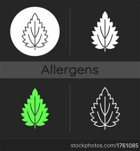 Nettle dark theme icon. Alternative medicine. Herbal ingredient for homeopathy. Seasonal allergy for plant. Linear white, simple glyph and RGB color styles. Isolated vector illustrations. Nettle dark theme icon