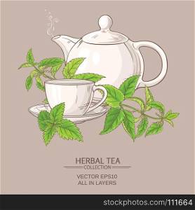 nettle tea illustration. cup of nettle tea and teapot on color background