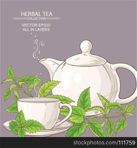 nettle tea illustration. cup of nettle tea and teapot on color background