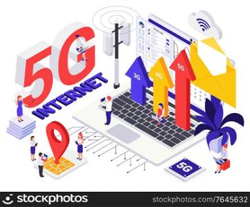 Network 5G internet generation isometric design concept with tiny persons and growth symbols vector illustration