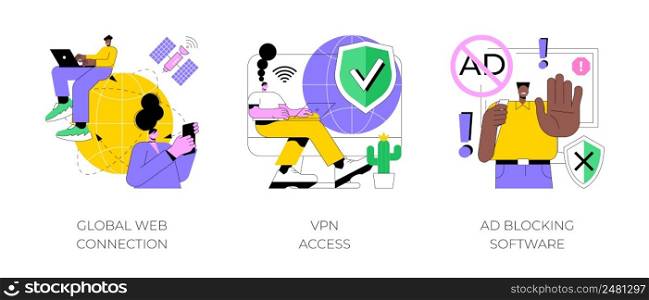 Network access abstract concept vector illustration set. Global web connection, VPN access, Ad blocking software, remote proxy server, web browser, IT technology, plug-in extension abstract metaphor.. Network access abstract concept vector illustrations.