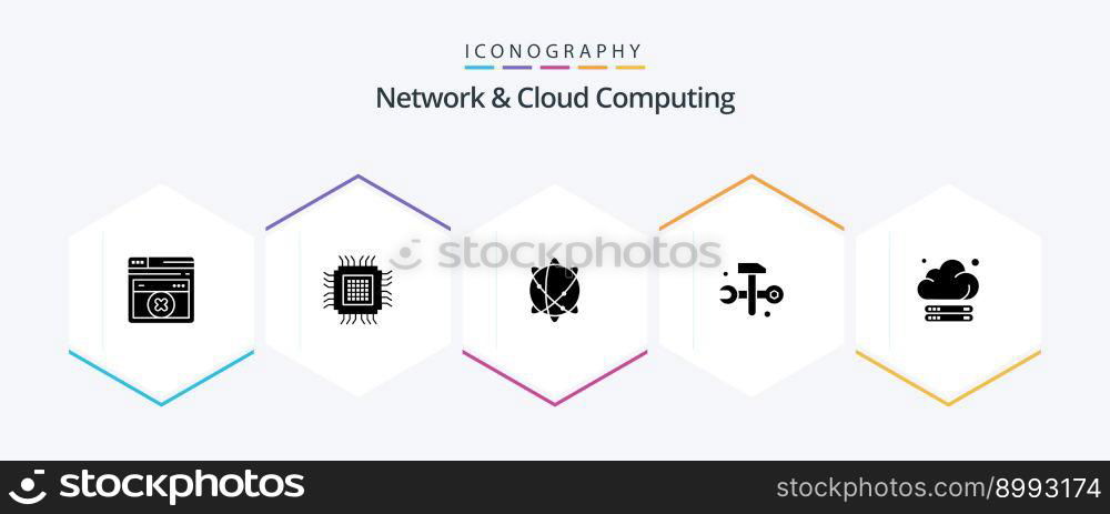 Network And Cloud Computing 25 Glyph icon pack including server. it solutions. computing. hammer. computing