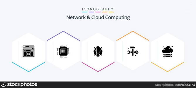 Network And Cloud Computing 25 Glyph icon pack including server. it solutions. computing. hammer. computing