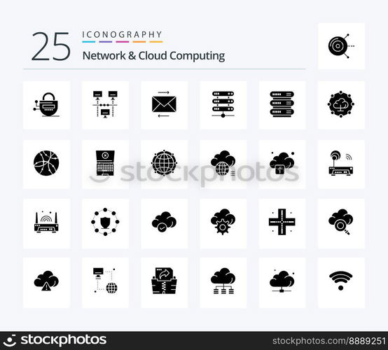 Network And Cloud Computing 25 Solid Glyph icon pack including network. storage. message. network. computing