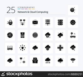 Network And Cloud Computing 25 Solid Glyph icon pack including network. storage. message. network. computing