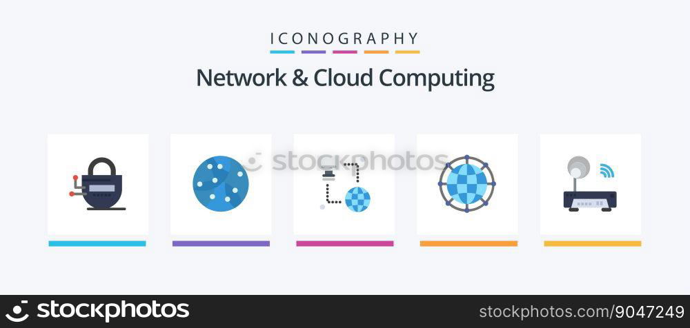 Network And Cloud Computing Flat 5 Icon Pack Including device. network. internet. internet. data. Creative Icons Design