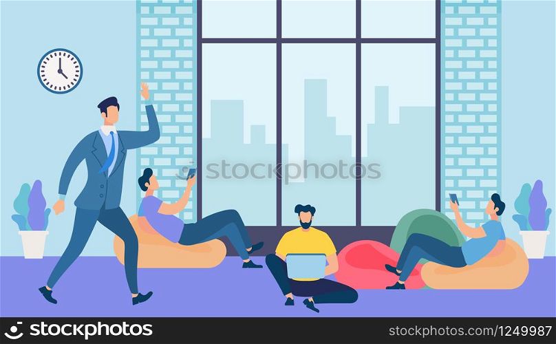 Network and Teamwork Concept. Communication Systems, Digital Technologies and Crowdsourcing. Networking People. Men Work and Messaging with Gadgets in Coworking Area. Cartoon Flat Vector Illustration. Men Work and Messaging with Gadgets in Office