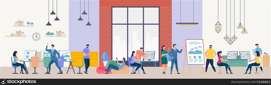 Network and Teamwork Concept. Communication systems, Digital Technologies and Crowdsourcing. Networking People Set. Office Flipchat and Messaging. People Work in Office. Flat Vector Illustration.. People Work in Office. Vector Illustration.