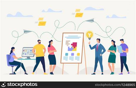 Network and Teamwork Concept. Communication systems, Digital Technologies and Crowdsourcing. Networking People Set. Office Flipchat and Messaging. People Work in Office. Flat Vector Illustration.. Network and Teamwork. Vector Illustration.