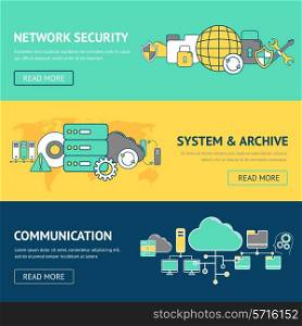 Network banners set with security system and archive communication isolated vector illustration