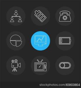 network , battery ,telephone  ,low battery , button , toggle , pie chart , camcoder ,graph , tv, icon, vector, design,  flat,  collection, style, creative,  icons