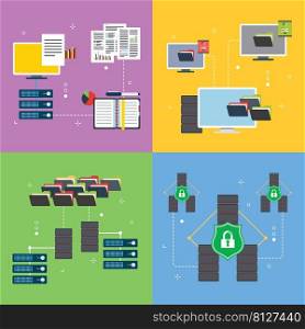 Network, computer, server ,business, technology, database and security icons. Concepts of  data network, computer server, storage technology and database security. Flat design icons in vector illustration.