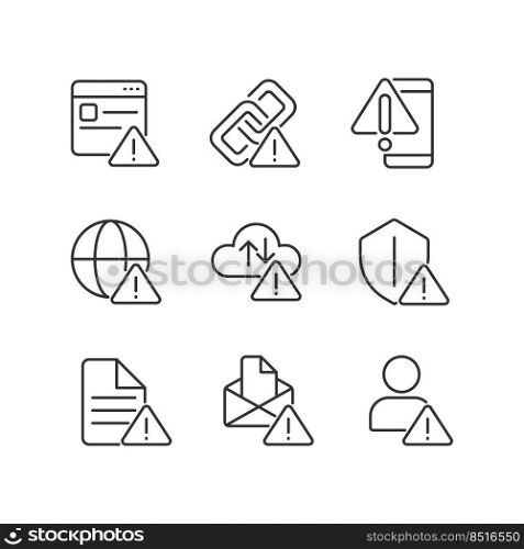 Network connect issues pixel perfect linear icons set. Access problem. Internet connection interruption. Customizable thin line symbols. Isolated vector outline illustrations. Editable stroke. Network connect issues pixel perfect linear icons set