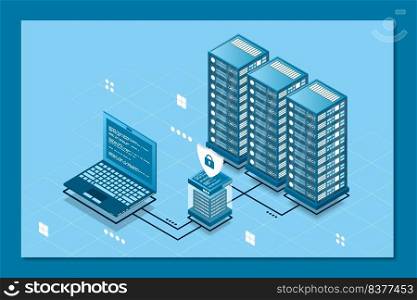 Network cyber security isometric vector illustration. Online server protection system concept with data center. Vector illustration