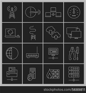 Network data security internet router outline icons set isolated vector illustration