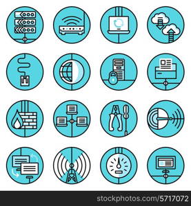 Network data security web technology blue line icons set with control panel router server isolated vector illustration