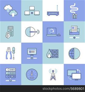 Network data security web technology flat line icons set isolated vector illustration