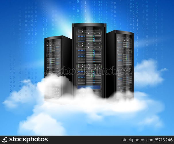 Network data server with realistic cloud and binary code background poster vector illustration