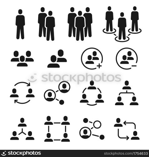 Network group icons. Social community, business team structure, people communication icon. Add member to employee meeting vector set. Illustration community communication connection, networking people. Network group icons. Social community, business team structure, people communication icon. Add member to employee meeting symbol vector set
