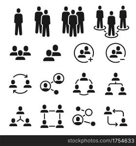 Network group icons. Social community, business team structure, people communication icon. Add member to employee meeting vector set. Illustration community communication connection, networking people. Network group icons. Social community, business team structure, people communication icon. Add member to employee meeting symbol vector set