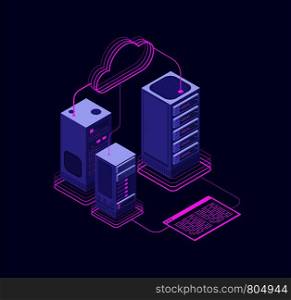 Network hosting solutions, datacenter with services, website administrative support vector isometric concept. Illustration of computer database system cloud. Network hosting solutions, datacenter with services, website administrative support vector isometric concept