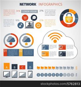 Network infographics set with chart and computer database configuration elements vector illustration. Network Infographics Set