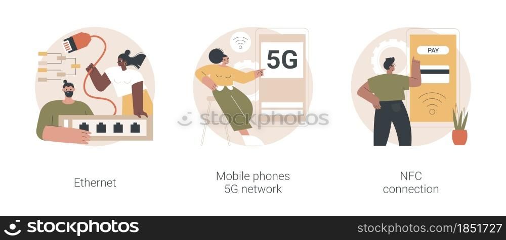 Network infrastructure abstract concept vector illustration set. Ethernet technology, mobile phones 5G network, NFC connection, contactless card payment, fast internet coverage abstract metaphor.. Network infrastructure abstract concept vector illustrations.