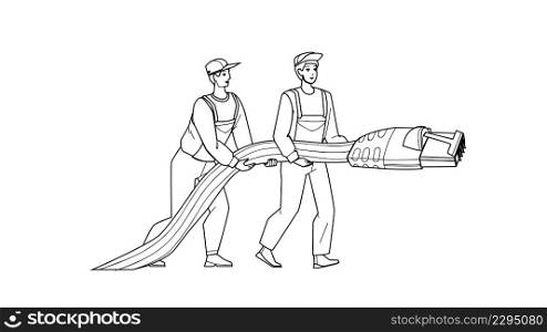 Network Lan Support Repairmen With Cable Black Line Pencil Drawing Vector. Network Lan Support Service Men Fixing And Connecting Cord. Characters Guys Engineer Internet Provider Employees Illustration. Network Lan Support Repairmen With Cable Vector