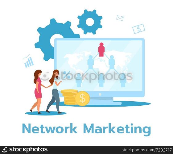 Network marketing flat vector illustration. Pyramid selling. Product, services sale. Multi-level, two-tier marketing. Business model. Isolated cartoon character on white background. Network marketing flat vector illustration