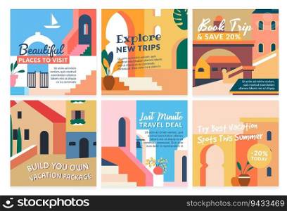 Network post design set for booking journey promo. Flat colorful buildings at social media banner collection, vector illustration. Summer travel advertising at web page, vacation special offer. Network post design set for booking journey promo