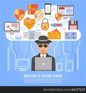 Network Security Concept. Network security concept with hacker figure at computer and set of decorative icons with floppy disk flash drive firewall and spam symbols flat vector illustration